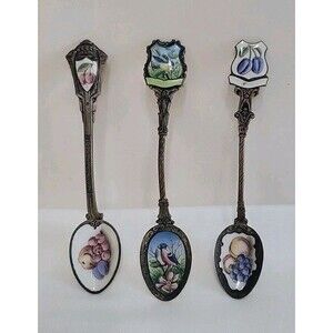 3 Vintage Czechoslovakian Enameled Collector Spoons - Mid-Century - Fruit & Bird